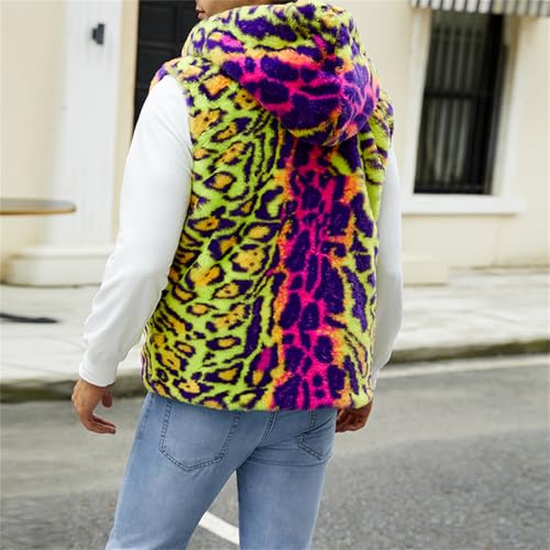 Hulpvktsgiq Men's Fall Winter Sleeveless Faux Fur Vest Coat Hooded Animal Print Faux Fur Jacket Fuzzy Cardigan Outwear3