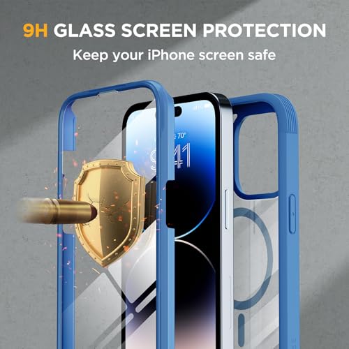 Image of Miracase Magnetic for iPhone 14 Pro Max Case 6.7 inch, (Compatible with MagSafe) Upgrade Full-Body Clear Phone Bumper Case with Built-in 9H Tempered Glass Screen Protector, Magnetic Capri Blue