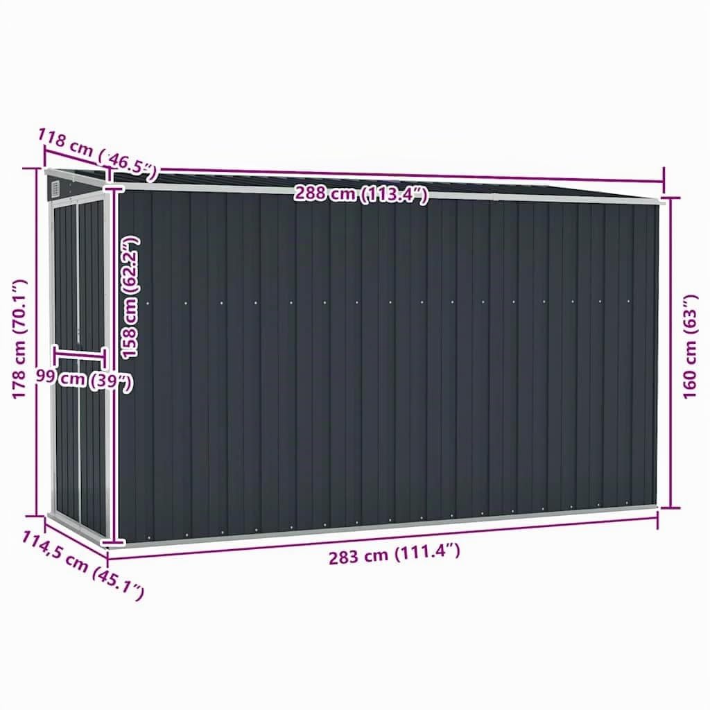 Solivagant Abri de Jardin Mural Anthracite 118x288x178 cm Acier,(40.02 KG)