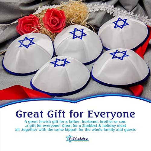 Image of Pack of 10-Pcs Hq 20cm Satin Kippah with Silver /Gold String+Star of David for Men & Boys, Yamaka Hat from Israel, Kippot Bulk (White Blue)