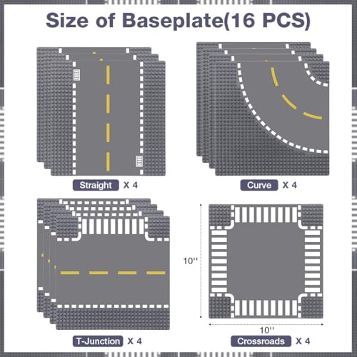 Image of Lekebaby 16 Pack 10 inch x 10 inch City Street Baseplates, 4 Curve / 4 T-Junction / 4 Straight / 4 Junction, Grey, HO Scale, Compatible with Major Brands