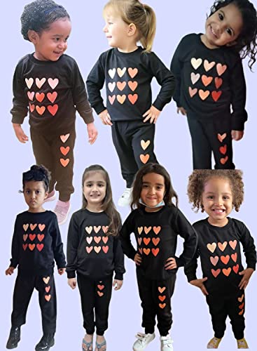 Bomdeals Cute Toddler Girls Sweatsuit - Valentines Day Heart Print Child Clothes, Long Sweatshirt And Sweatpants Outfit(Black,100,1203B) #TOP2
