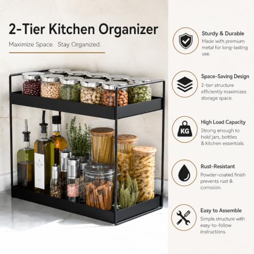 Image of Homeor 2-Tier Metal Countertop Organizer | Heavy Duty Standing Rack for Kitchen Spice Storage & Bathroom Vanity | Multi-Purpose Shelf For Kitchen, Cosmetic & Toiletry Display Shelf, Black