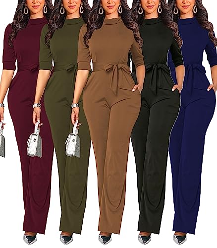 Black Formal Jumpsuits For Women Dressy Half Sleeve Evening Party Rompers Elegant Collared Wide Leg Long Pants With Belt #TOP6