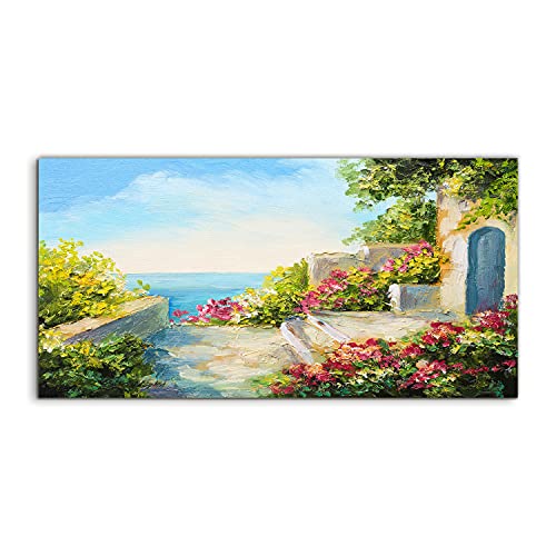 Tableau en verre salon et chambre Coloray Sea house flowers