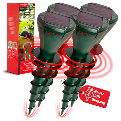 PATTLER® Set di 4 distributori per talpe – Efficace scacciare talpe a circa 800 m² – Utilizzo flessibile grazie al pannello solare – innovativo design a vite aumenta l'efficacia