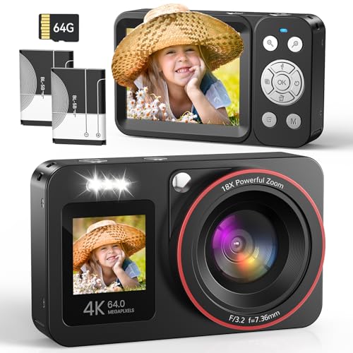 Macchina Fotografica Digitale 4K 64MP Fotocamere Digitali Compatte 18X Zoom Fotocamera Digitale con Scheda 64GB con 2 Batteries,2 Schermi Per Bambini Studenti Principianti, Nero