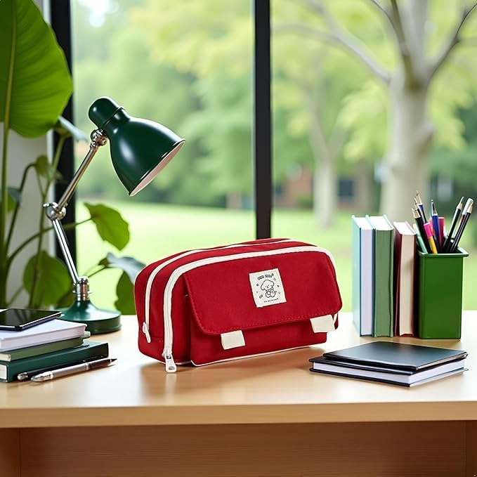 Image of Canvas School Bag Pencil Case, 3 Layer 6 Compartment Large Capacity, Aesthetic Pencil Pouch for Stationary, Cute Stationery for Kids, Pencil Case for Girls & Boys (Maroon)