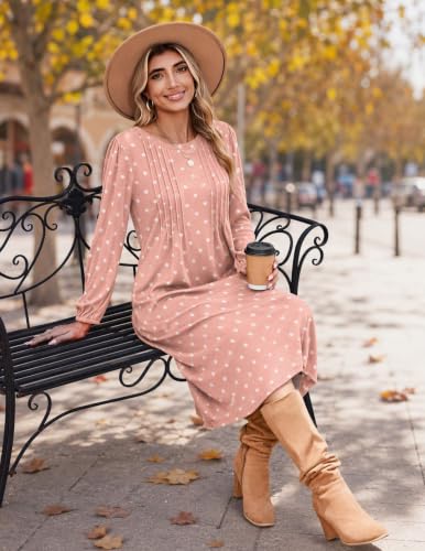 Image of Zeagoo Fall Dresses for Women Long Sleeve Midi Dress Casual A Line Dresses 2026 Pleated Flare Dress with Pockets