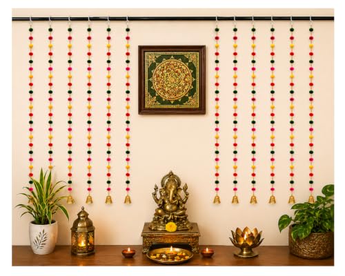 Image of Bindian Multicolor Pom Pom Beads & Golden Bell Toran for Main Door, Pack of 5 Door Hanging Decorative Items, Home Decor Wall Hanging Decoration, Pooja Room Decor, Festival Decoration