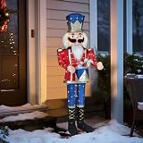 Yardenaler 5FT Lighted Nutcracker with Drum for Christmas Decoration, Pre-Lit 3D Iridescent Soldier Xmas Decor with 100 Warm White Lights, Glittered Standing Holiday Display for Outdoor, Indoor