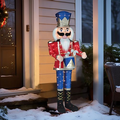 Yardenaler 5FT Lighted Nutcracker with Drum for Christmas Decoration Pre-Lit 3D Iridescent Soldier Xmas Decor with 100 Warm White Lights Glittered Standing Holiday Display for Outdoor Indoor