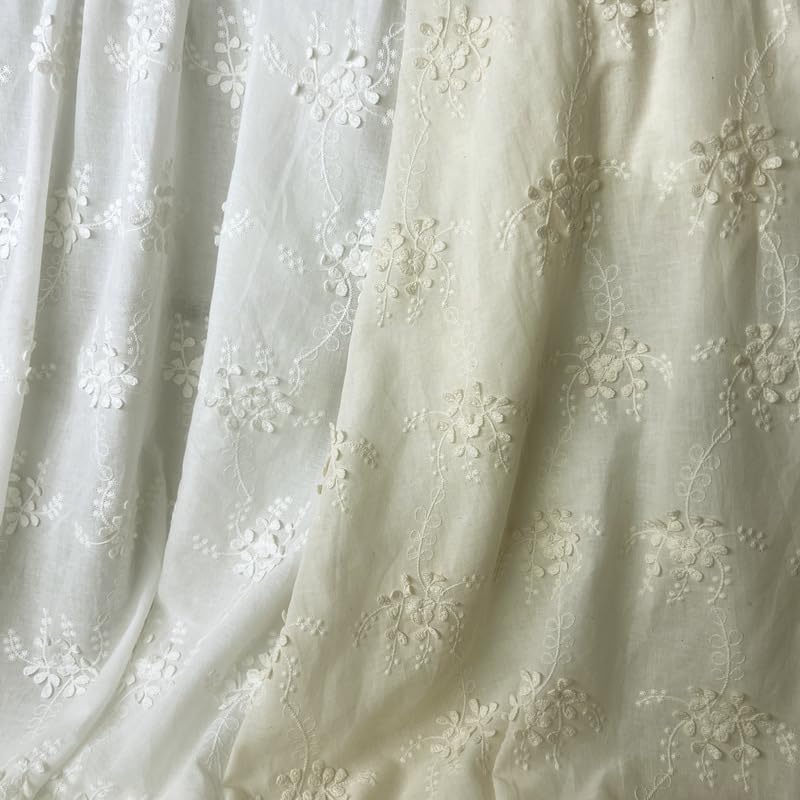 51 inches Width Vintage 3D Branch Floral Embroidery Cotton Fabric by The Yard (White)