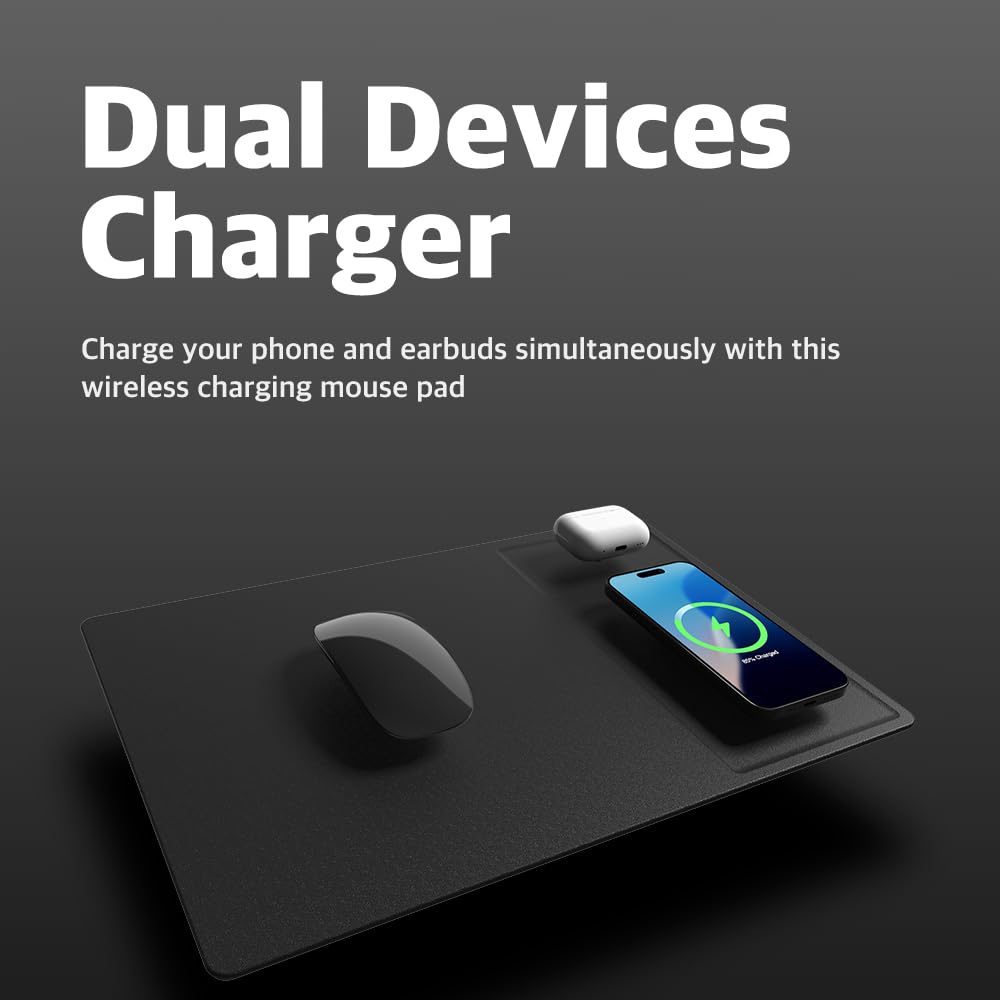 POUT Tappetino per mouse H3 PRO Dual Qi Wireless Charging - Doppio caricabatterie wireless veloce - per MacBook, laptop e scrivania - Ricarica iPhone, Airpods, Samsung Galaxy e altro (nero freddo)