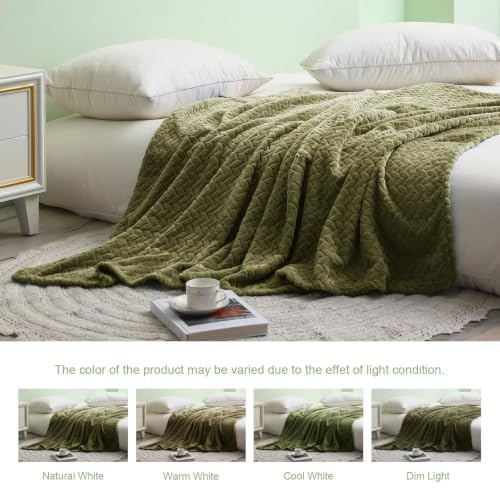 Image of Exclusivo Mezcla Soft Fleece Bed Blanket Twin Size, 60 inchx80 inch, Olive Green | Cozy Fluffy Lightweight Blankets for Summer, Decorative Plush Flannel Throws for Living Room, Bedroom with Leaves Pattern