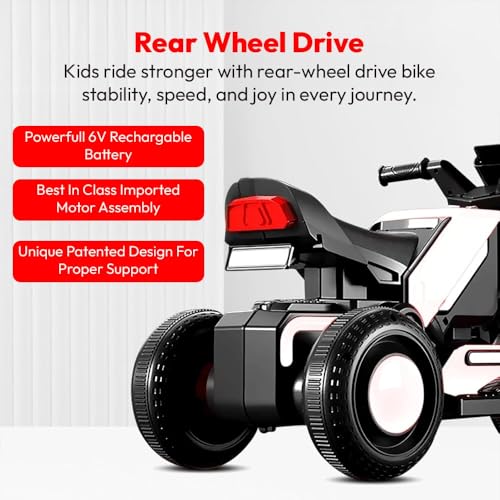 Image of StarAndDaisy Electric Ride-On Bike for Kids, Toddlers & Baby - 3 Wheel Rechargeable 6V Motorcycle with LED Lights, Bluetooth, USB, Foot Acceleration and Comfortable Seat (White)