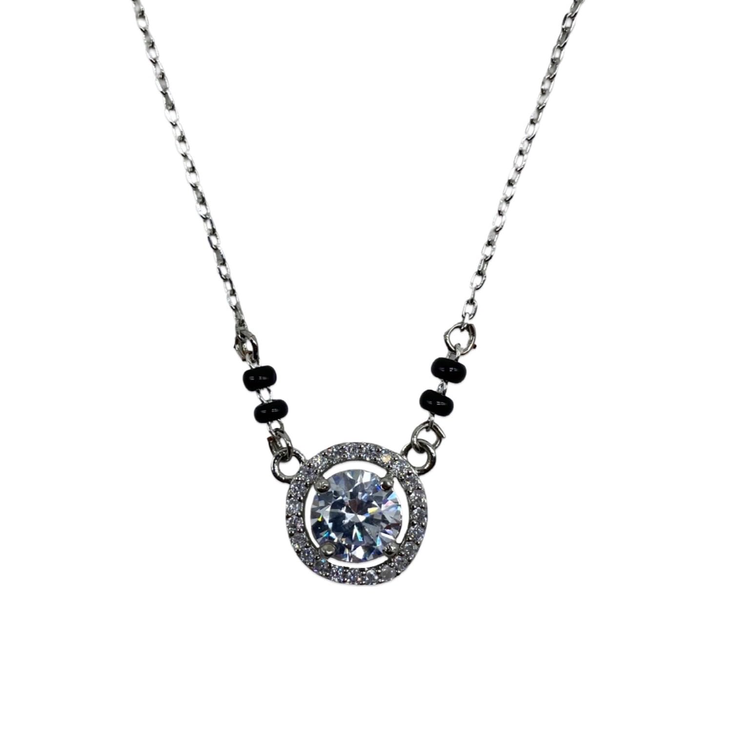 American Diamond Round Solitaire Pendant Short Mangalsutra Designs Black Beads Single Line Silver Plated Chain Stylish New Necklace Fancy Modern Mangalsutra Tanmaniya Designs For Women (18 Inches)-image-17