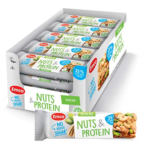 Pistachio Nuts & Protein Bars by Emco | Keto Snacks | Gluten Free, Low Carb, No Added Sugar, Vegan, Kosher | Plant-Based Protein Snack | 20 Individually Wrapped Snack Bars