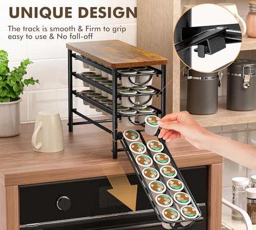 Image of HFHOME Coffee Pod Holder with Wooden Top, Compatible with K-Cups, 4-Tier Coffee Capsule Storage Drawer, 56 Capacity Pods Organizer for Kitchen Counter, Home, Office, Black