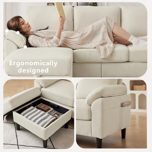 Image of 79.72 inch Corduroy L Shaped Sectional Sofa with Storage Ottoman for Living Room and Small Space