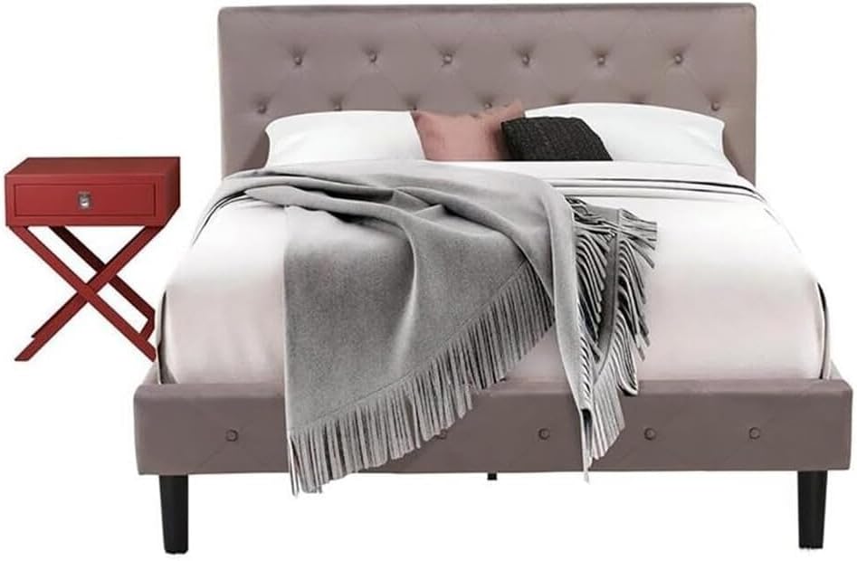 HomeStock African Artistry 2 Piece Bedroom Set - Button Tufted Platform Bed Frame - Velvet Fabric Upholstered Headboard and A Nightstand Queen/Burgundy/Brown Taupe