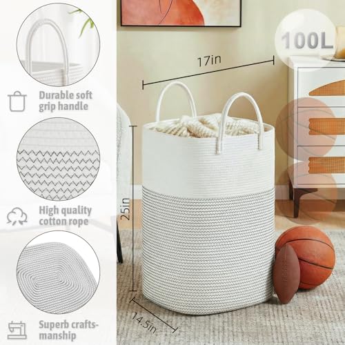 Image of Laundry Basket,Woven Cotton Rope Laundry Hamper,Versatile Storage for Dirty Clothes,Baby Toys,and Blankets in Bathroom, Nursery,and Living Room (White, 100L)