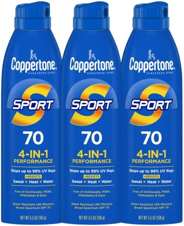 Coppertone SPORT Sunscreen Spray SPF 70, Water Resistant Sunscreen, Broad Spectrum SPF 70 Sunscreen, Bulk Sunscreen Pack, 5.5 Oz Spray, Pack of 3