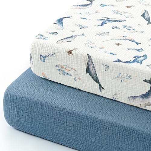 Image of GRSSDER 100% Cotton Muslin Crib Sheet 2 Pack - Breathable & Ultra-Soft Fitted Crib Sheets for Standard Baby & Toddler Mattresses, 52 inchx28 inch with 9 inch Deep Pocket, Snug Fit All-Around Elastic