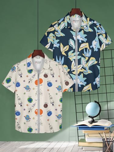 Image of HELLCAT Yellow, Olive Trendy Regular Fit Printed Causal Shirt for Boys - Pack of 2