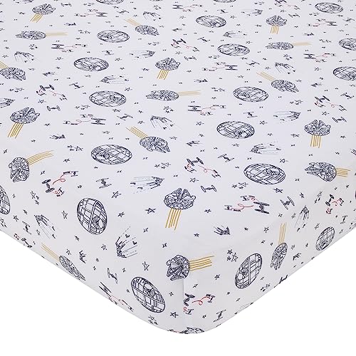 NoJo Star Wars May The Force Be with You White and Gold Millennium Falcon and Death Star Nursery Fitted Crib Sheet