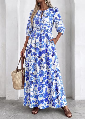 Image of KIRUNDO Maxi Dresses for Women 2026 3 /4 Sleeve Summer Dress | Spring Boho Floral, Drawstring Tie Neck, Loose Fit, Elastic Waist, Pockets, Wedding Guest, Beach Vacation Flowy Long Dress