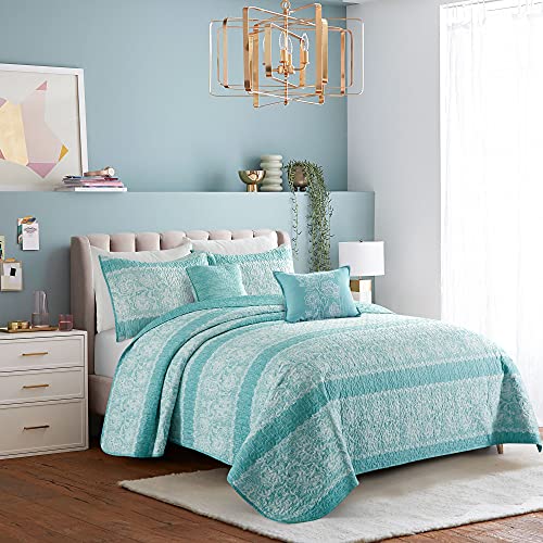 Home Soft Things Serenta Emma 5 Piece Printed Microfiber Quilts Set, Soft Lightweight Reversible Quilt Coverlet Bedspread Bedding Set for All Season Teal Aqua, King 102