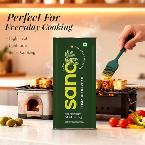 Image of sano Pomace Olive Oil 5L Ideal for Frying, Roasting & Sauteing Rich Neutral Flavour & High Smoke Point Versatile Edible Cooking Oil for Indian Cuisine