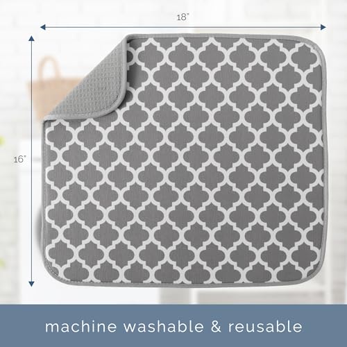 Image of S&T INC. Dish Drying Mat, 16 inch x 18 inch, Absorbent Microfiber Kitchen Counter Mat, Dish Drying Pad for Dishes, Utensils, Pots and Pans, Large, White Trellis
