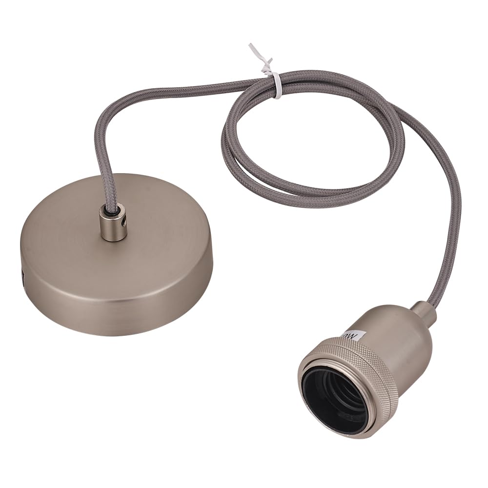 COZZY Satin Nickel Ceiling Pendant Light Fitting, Plated Aluminum E27 Screw Lamp Holder with Ring for Lock Shade, 1000MM Brown Braided Flex, Suspended Pendant Ceiling Rose.82001SN