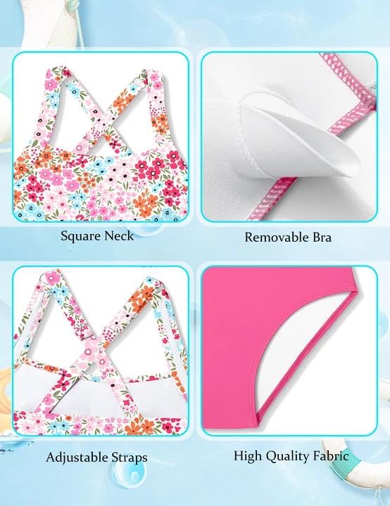 Image of Girls Tankini Swimsuit 2 Piece Bathing Suit Twist Cross Back Cutout Swim Tank Top Floral Print Swimwear for 7-18Y