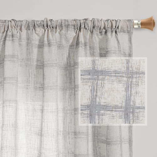 Image of MYSKY HOME Linen Sheer Curtains 95 Inch Length for Bedroom, Living Room Curtains 2 Panel Sets, Soft Plaid Linen Polyester Blend Semi Sheers Light Filtering Back Tab Privacy Drapes, 50 inchx95 inch, Grey