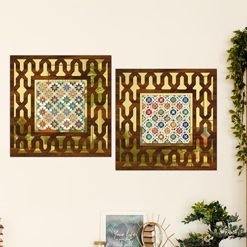 Image of Wooden Pattern Mirror Wall Decor Panel for Home Decor Living Room Bed Room Office (AD8, 12X12 Inches, Set of 2)