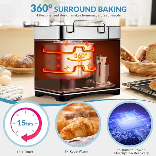 17-IN-1 All Stainless Steel Bread Maker, 2LB Bread Machine BPA-Free Non-Stick 5-Layer Superior Die-Cast Ceramic Pan, Auto Fruit Nut Dispenser, 2 Paddles & Full Touch Panel,15H Timer&Keep Warm, Recipes