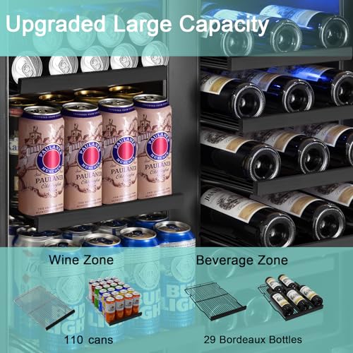 Image of 30 Inch Wine and Beverage Refrigerator, Upgrade Dual Zone Wine Cooler, 30'' Wine beverage Fridge Built in or Freestanding Under Counter Large Capacity Glass Door Advanced Cooling System,Black
