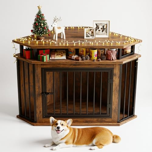IRONCK 44" Corner Dog Crate with 2-Tier Shelves, Wooden Dog Kennel Furniture, Dog Kennel Indoor Furniture for Small and Medium Dogs, Rustic Brown (23.6" L x 43.3" W x 32.3" H)