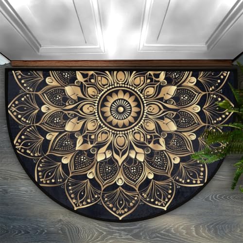 Image of Half Round Doormat Mandala Ethnic Florals Non Slip Half Circle Area Rugs Indoor Washable Half Moon Rug Semi Circle Bathroom Runner Mat Entrance Floor Carpet for Kithen Bedroom Fireplace Decor