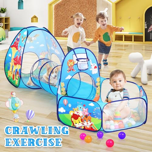 Image of PigPigPen 3 in 1 Kids Play Tent with Tunnel and Ball Pit for Boys Girls, Toddler Pop Up Playhouse Toy for Indoor Outdoor (Jungle 3pc Play Tent)