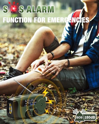 Image of Hand Crank Radio with AM /FM /NOAA Weather Bands,for Emergencies, Camping | 3 LED Flashlights,SOS Function,Solar Powered,Hand Cranked, 2000mAh /7400mWh Charger,for Power Outage - Olive Green
