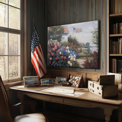 Image of Patriotic Memorial Day Canvas Wall Art, Garden Blooming Roses and Distant American Flag Oil Painting, Memorial Day Summer Backyard Print Framed Artwork for USA Country Home Wall Decor 24x30inch
