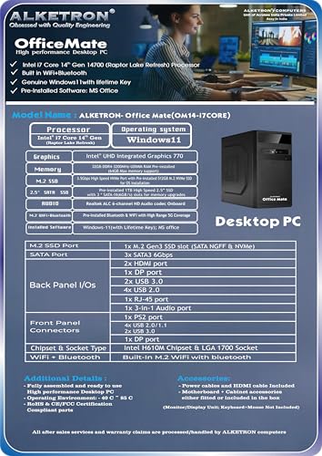 Image of ALKETRON OfficeMate Desktop PC - i7 core 14th GEN(Raptor Lake Refresh) Processor - Fully Assembled PC - 3Year Warranty