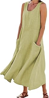 Women's Summer Cotton Linen Long Dress Sleeveless Elegant Flowy Dresses Plus Size Loose Comfy Dress with Pockets - Buy now