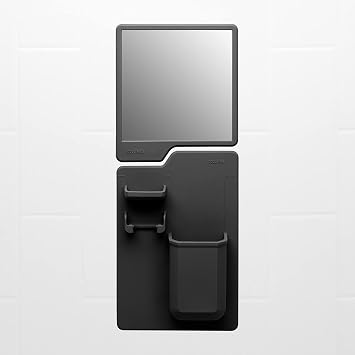 TOOLETRIES The Harvey & Oliver Set, Silicone Wall Mounted Bath & Shower Organizer with Clear-View Shatterproof Grooming & Shaving Mirror, Easy Installation, Removable & Reusable - Charcoal