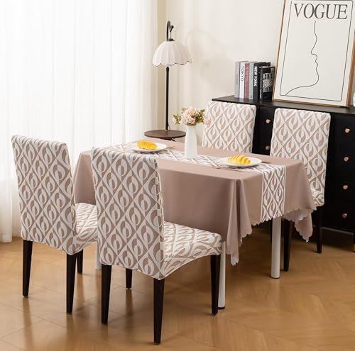 Image of HOMETHREADS Stretchable Elastic Jacquard Chair Seat Cover and Waterproof Dining Table Cover - Removable & Washable, Durable Seat Protector for Dining Room (Beige, 4Chairs+1Table Cover (150X180))