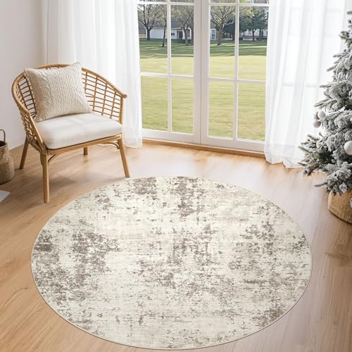 4ft Round Area Rug Living Room Rugs - 4x4 Washable Neutral Modern Abstract Soft Thin Rug Indoor Floor No Slip Rug Carpet for Bedroom Under Dining Table Home Office Decor - Dark Brown